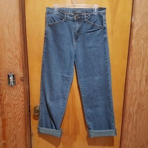 Straight leg jeans with brass button pocket detail